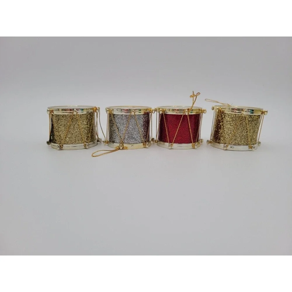 Vintage Lot Of 4 Glitter Drum Christmas‎ Ornaments Gold Red Silver Hanging